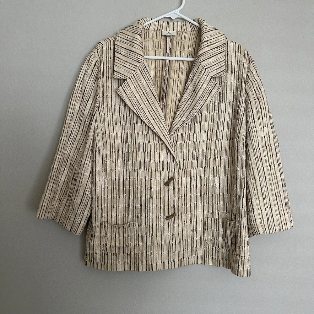J Jill Jacket Women's Size XL Brown White Striped Woven Textured Silk Blend BOHO